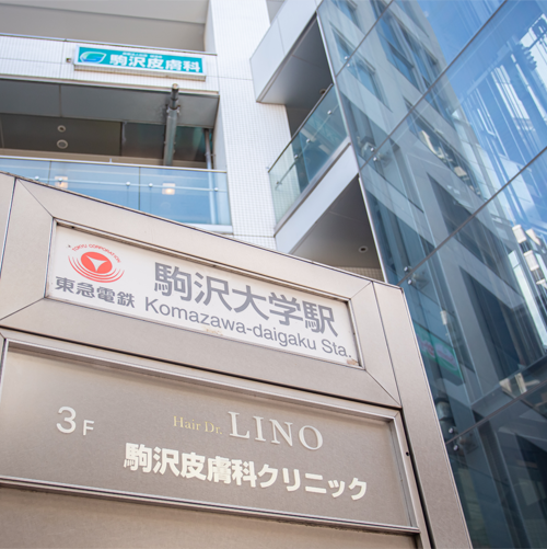 東急電鉄 駒沢大学駅の入り口と、3階にある駒沢皮膚科クリニックの案内看板