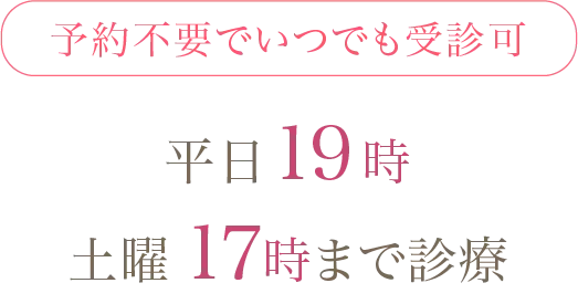 予約不要でいつでも受診可 平日19時 土曜17時まで診療